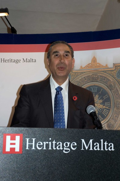 Sir David speaking on the opening day of the exhibition, Metal Magic: Spanish Treasures from the Khalili Collection at The Auberge de Provence, Valetta, Malta. November 2011
